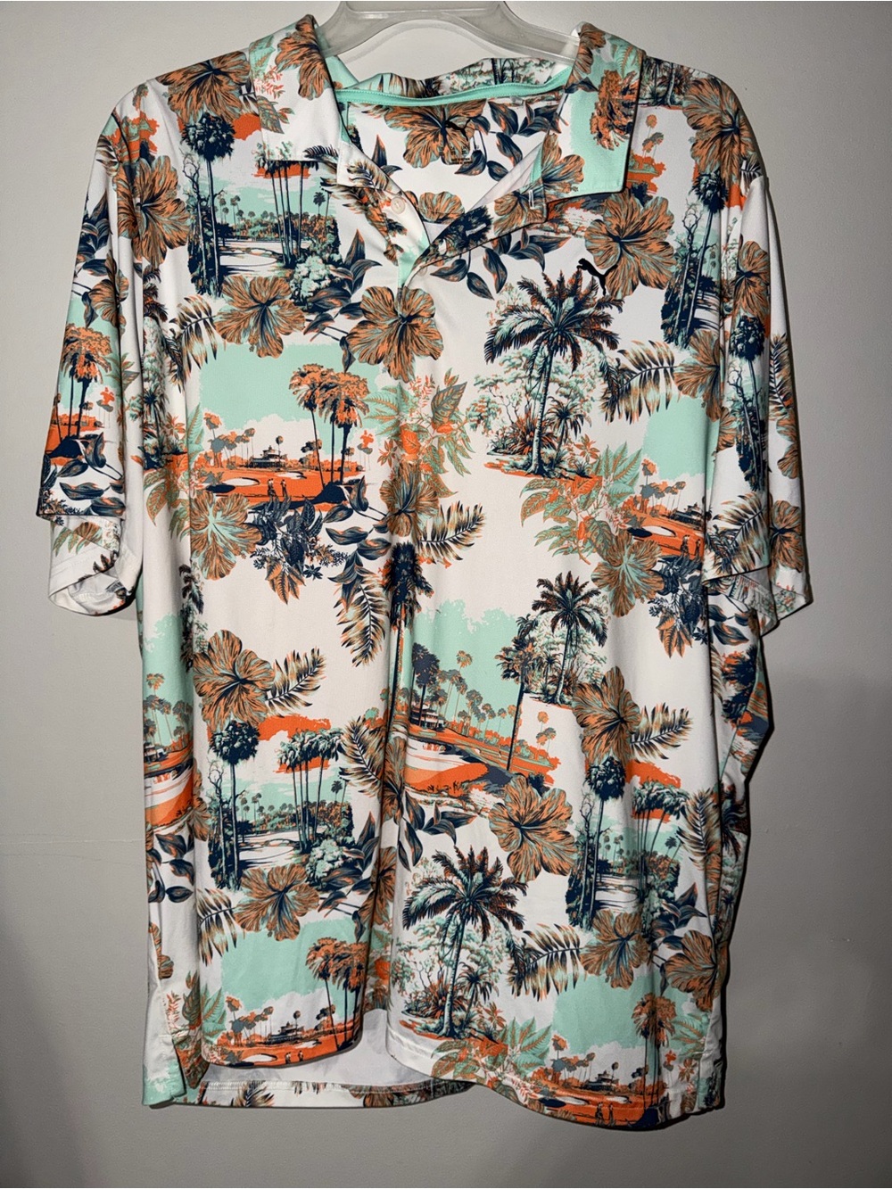 Puma White Tropical Print Polo with Orange and Mint Accents